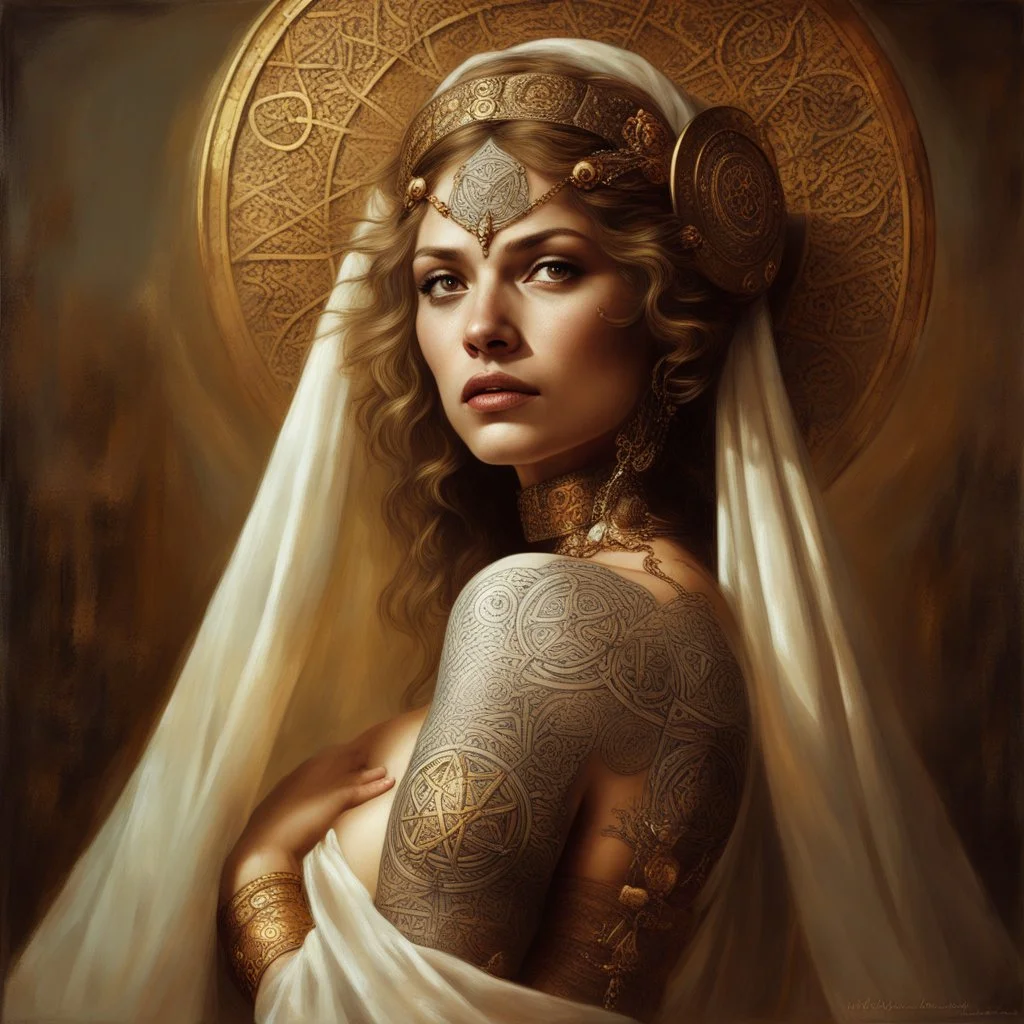 Oil painting in the style of Lawrence Alma Tadema and Michal Karcz and Enki Bilal. A beautiful Celtic priestess with tattoos of Celtic symbols on her upper body. She wears an open white sheer silk cape with gold symbols and a detailed headdress symbolizing the mysteries of ancient Avalon. A golden torque bracelet wraps around her upper arm. Very detailed, in the style of atmospheric tonalism. Elegant, intricate, 4k, mood lighting, perfectly lit, oil on canvas, contemporary impressionism, by Naot