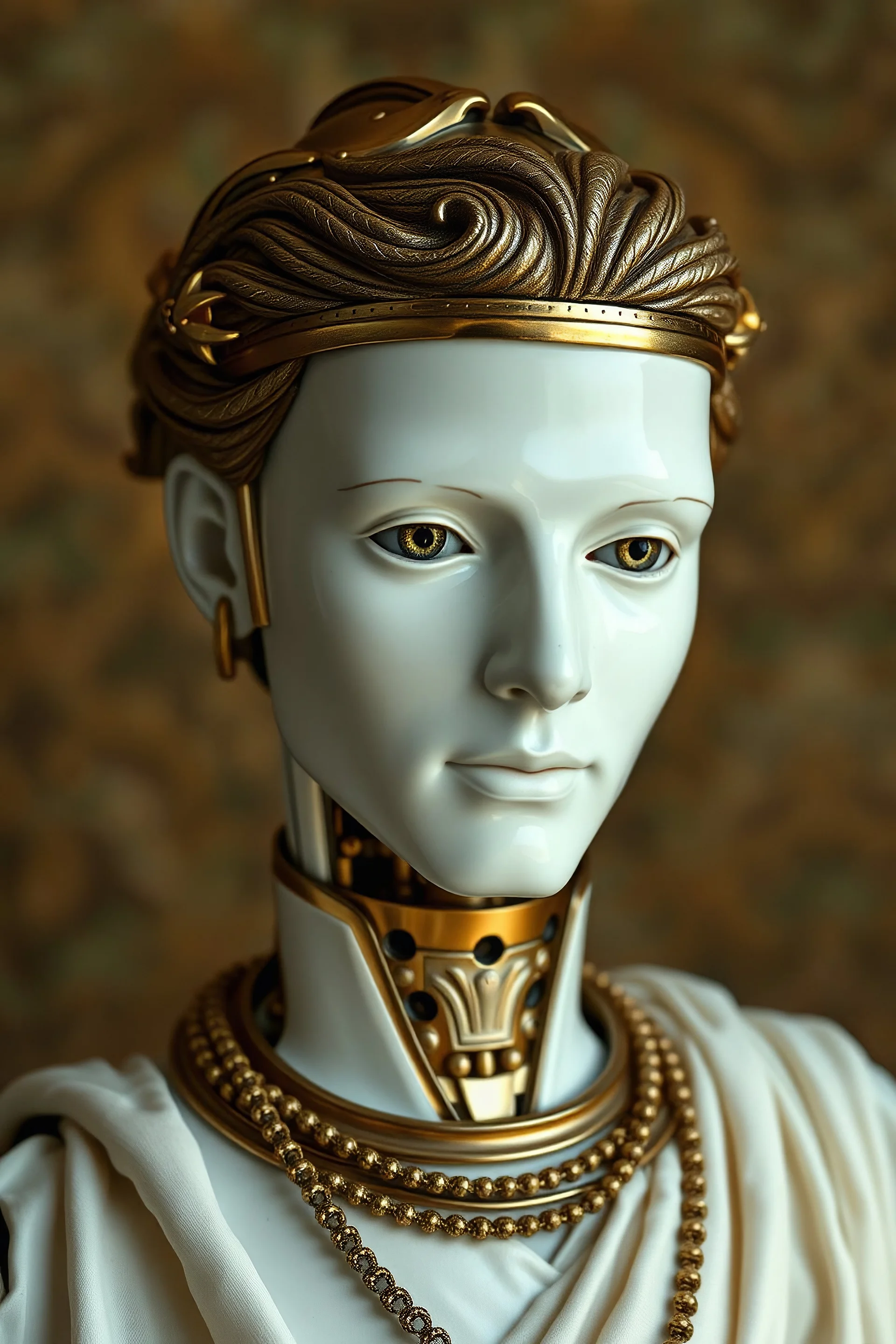 an automaton, a mechanical man, made of ivory porcelain skin, with bronze gold trims, doll-like features, dressed in classical greek clothes, empty eyes and unexpressive face