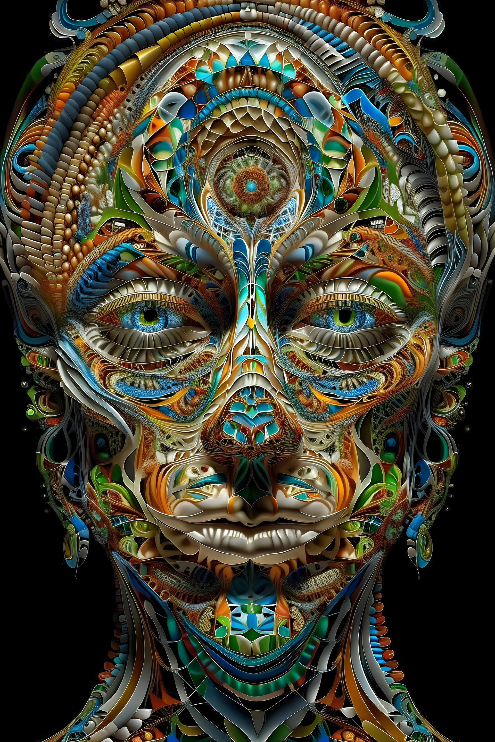 fractal face, seemingly made of intricate and intertwining shapes that twist and fold into one another. The face appears to be composed of an endless series of smaller and smaller iterations of itself, creating an illusion of depth and complexity that seems to defy reality. The skin of the face is a swirling kaleidoscope of colors, ranging from vivid blues and greens to fiery oranges and reds, with occasional flecks of white and black. The features of the face, such as the eyes, nose, and mouth,