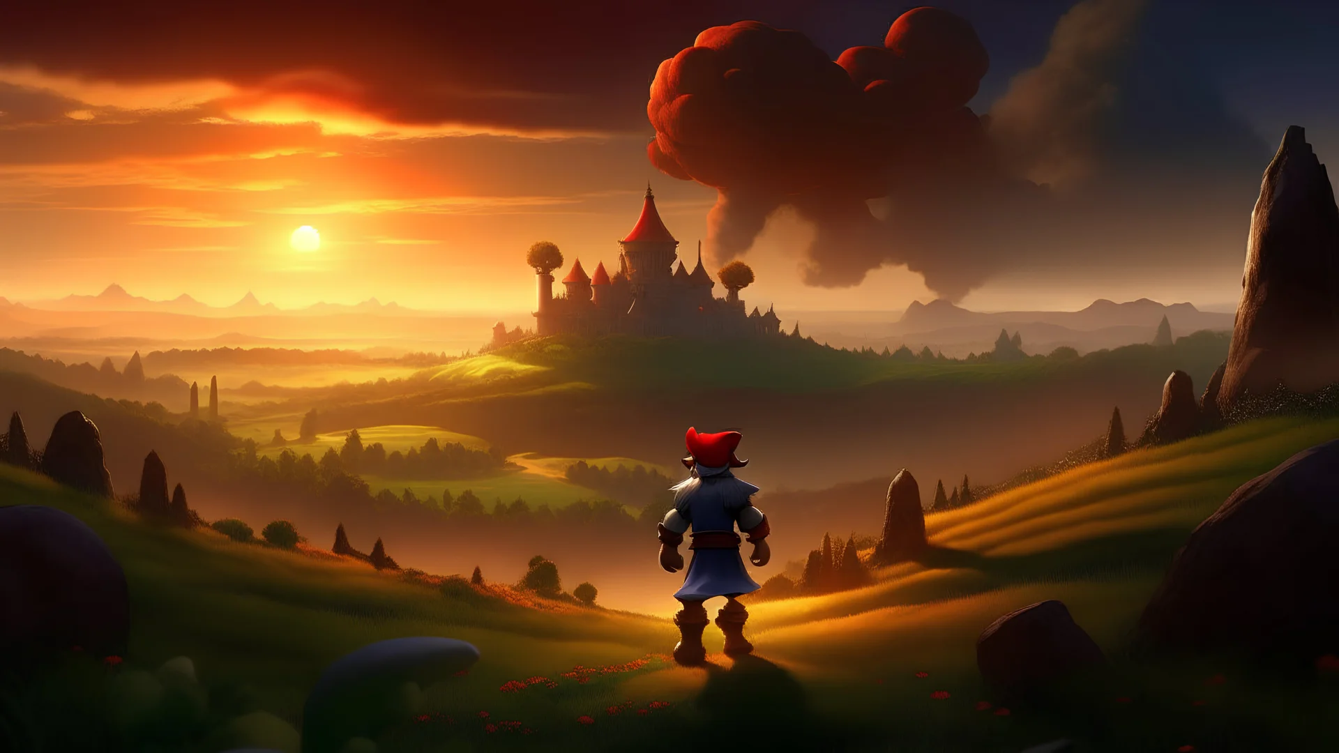 High quality wide shot of Super Mario on a hill overlooking a field, fantasy, epic, battle, army, fire, ruins, dragon, demons, buff, backshot, fog, sunset