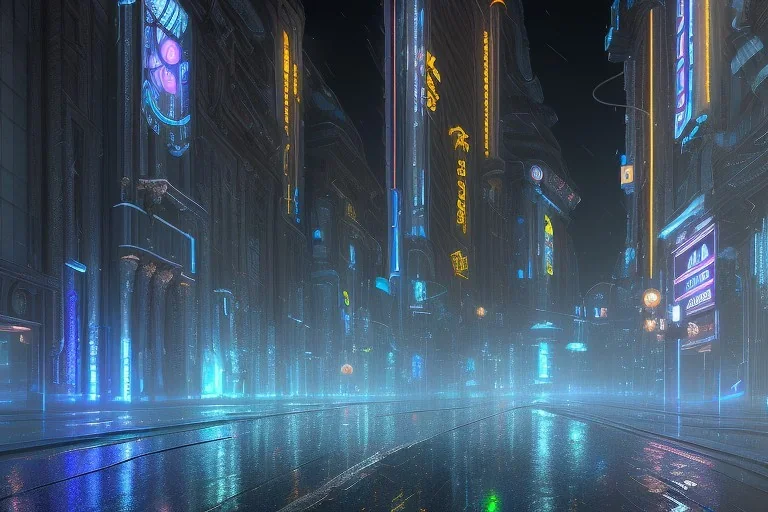 atmospheric, night, city, dark, rain, high level of detail, high definition, blue neon, futuristic, blender 3d