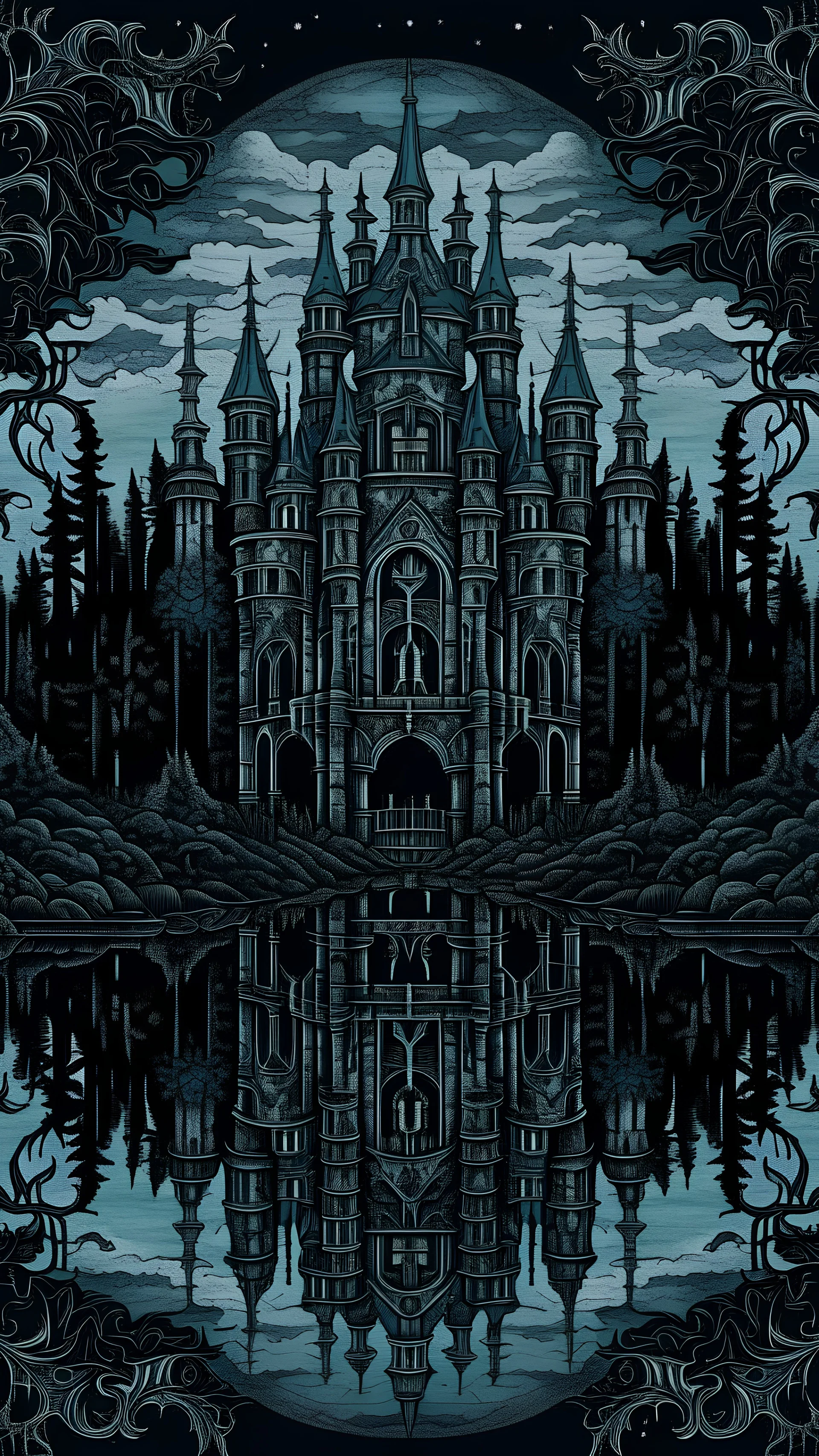 dark, gloomy and detailed forest castle inspired by chrono trigger, mirrored by the sky, dark fantasy style