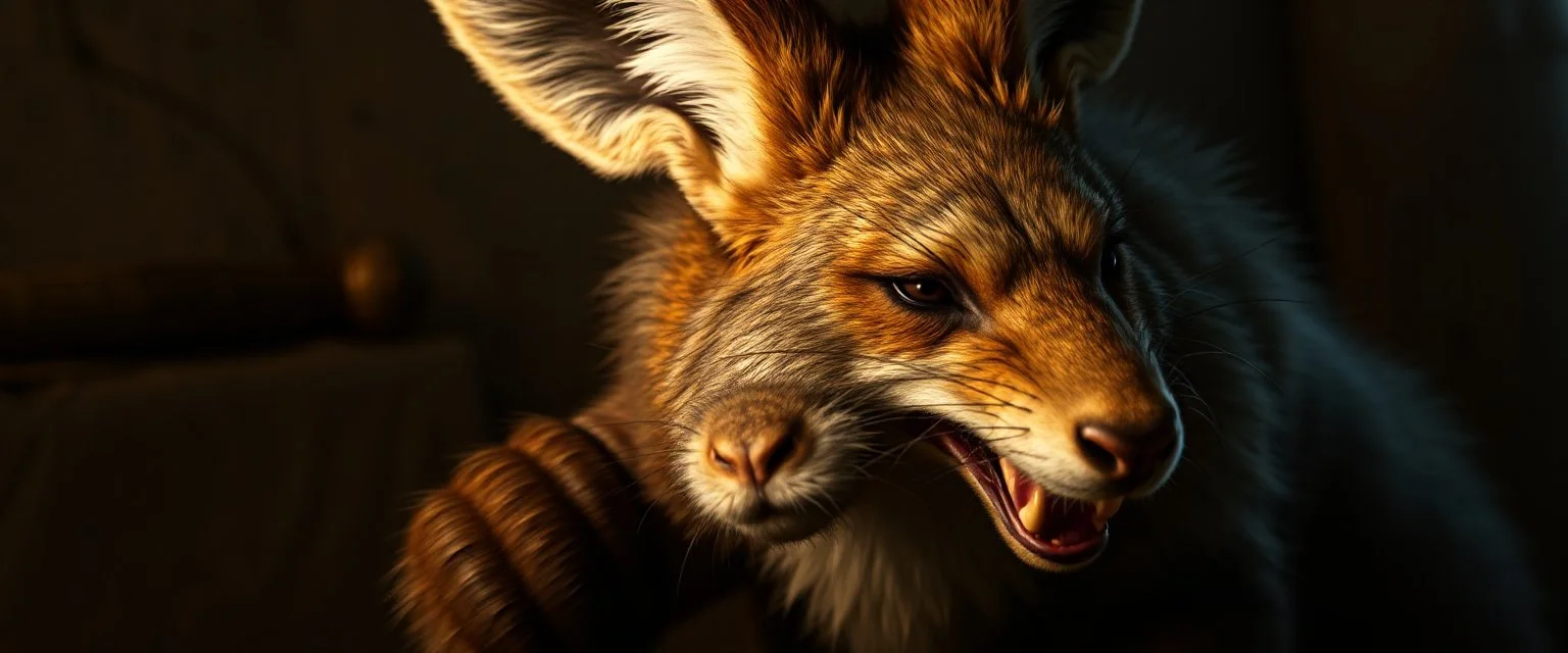 rabbit fox orc in style of Rembrandt and Fallout 4, with motion blur