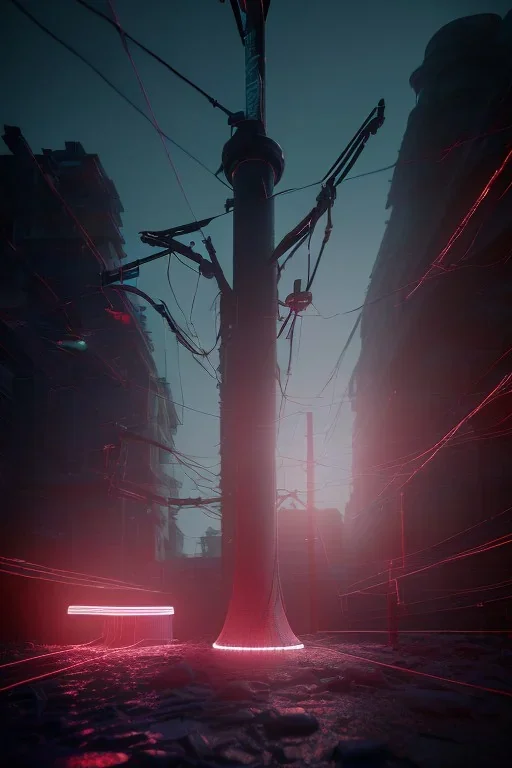 3d, si-fi hunger, middle stand on round platform, connected by wires , vr googles, beautifully color coded, super detailed, moody lighting, volumetric lighting, night time, glowing veins, mass effect, vertical light glow city