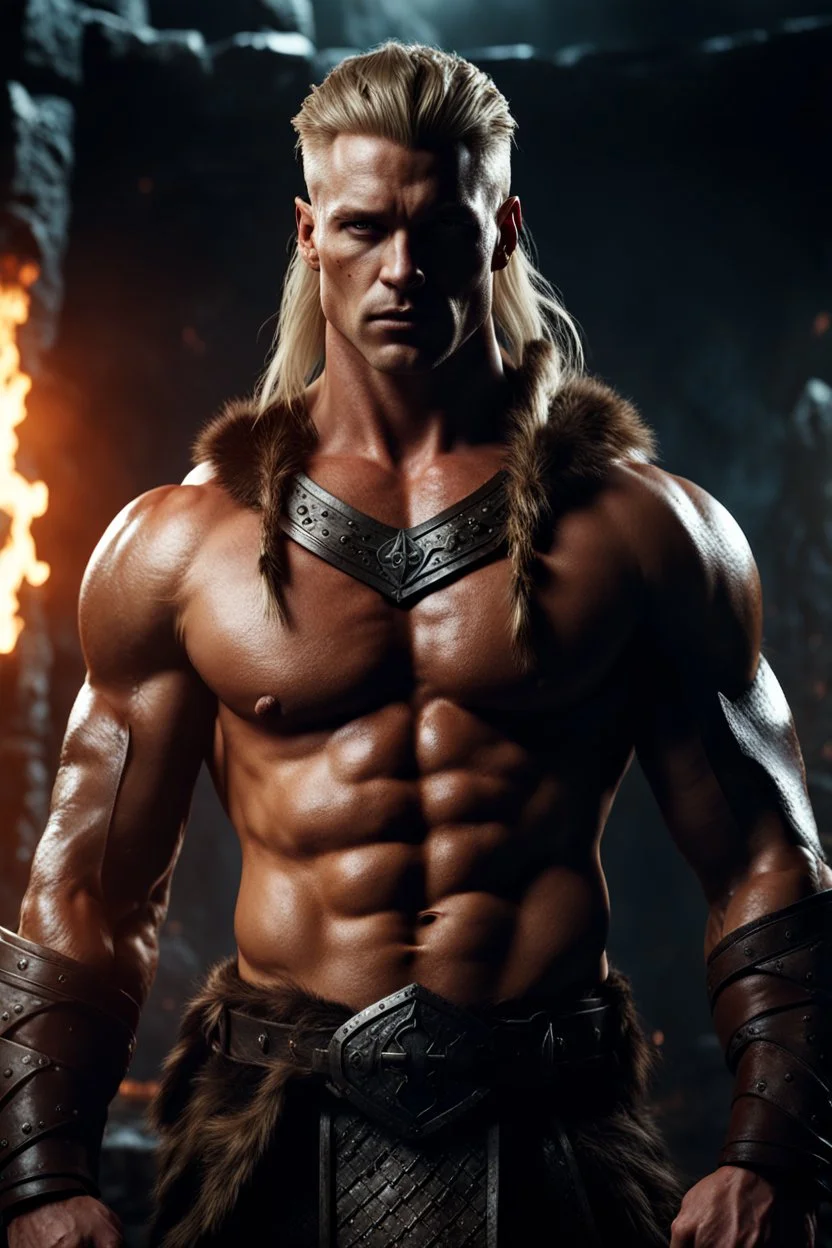 Muscular male Commander with viking style hair. Photorealistic. 4k. Dark fantasy dungeon