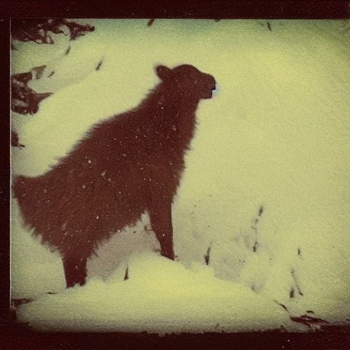 cryptid in the snow polaroid vintage style realistic