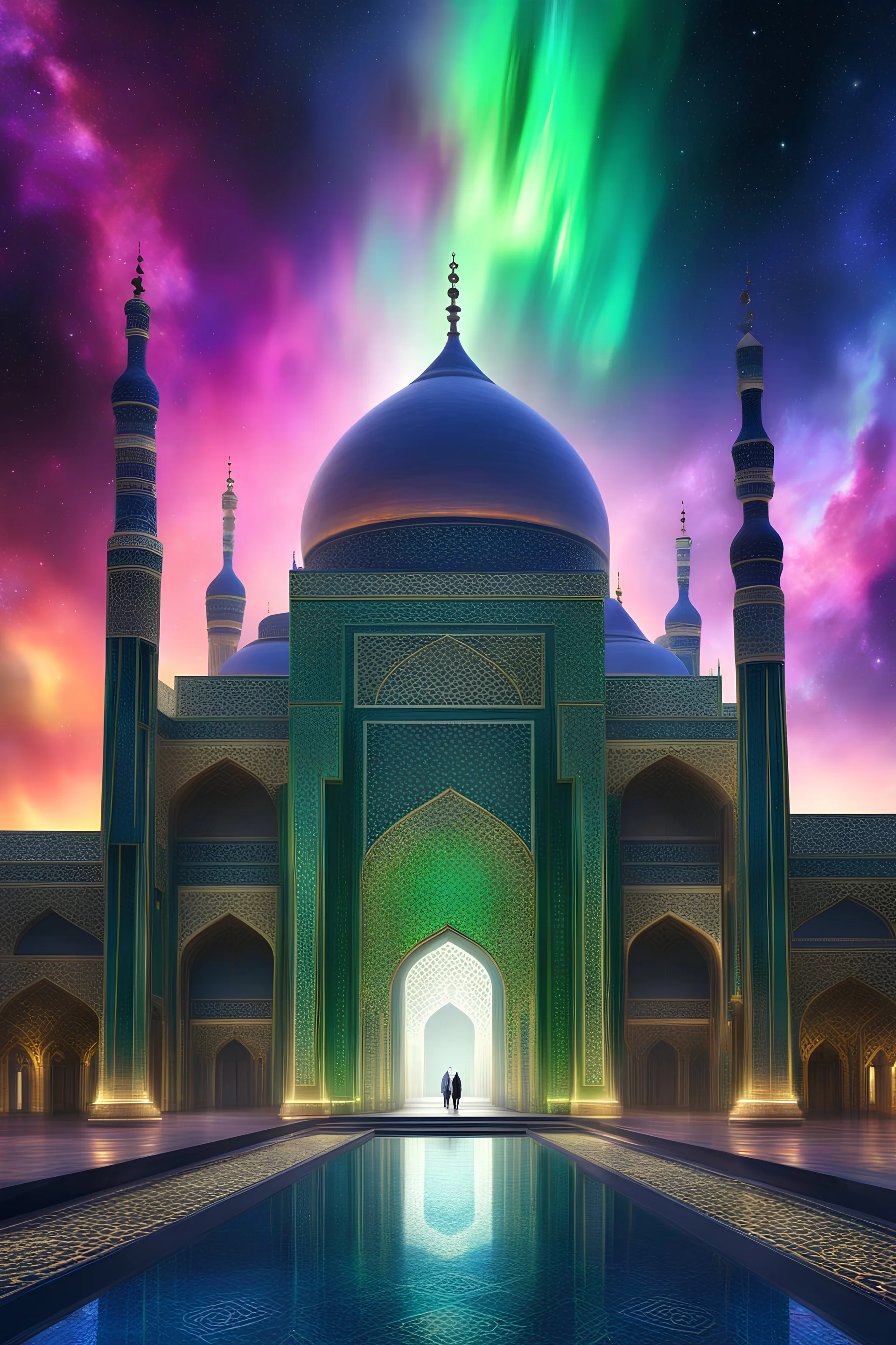 A realistic islamic kingdom palace futuristic, dramatic Colors Aurora nebula sky.