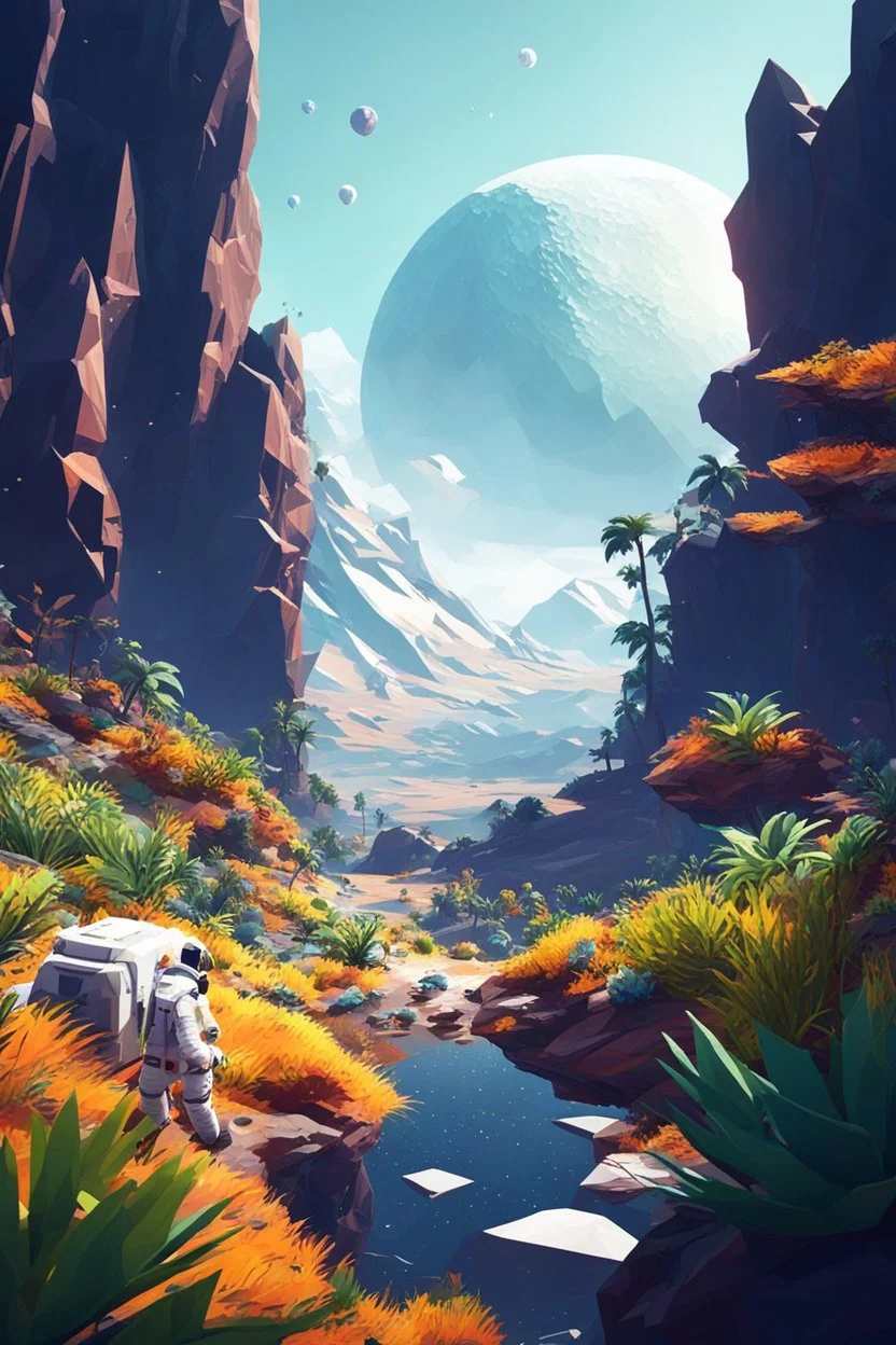 (((close midshot))), (((low poly art:2))), (astronaut), ultra-detailed illustration of an environment on a dangerous:1.2 exotic planet with plants and wild (animals:1.5), (vast open world), astroneer inspired, highest quality, no lines, no outlines candid photography. by Lekrot