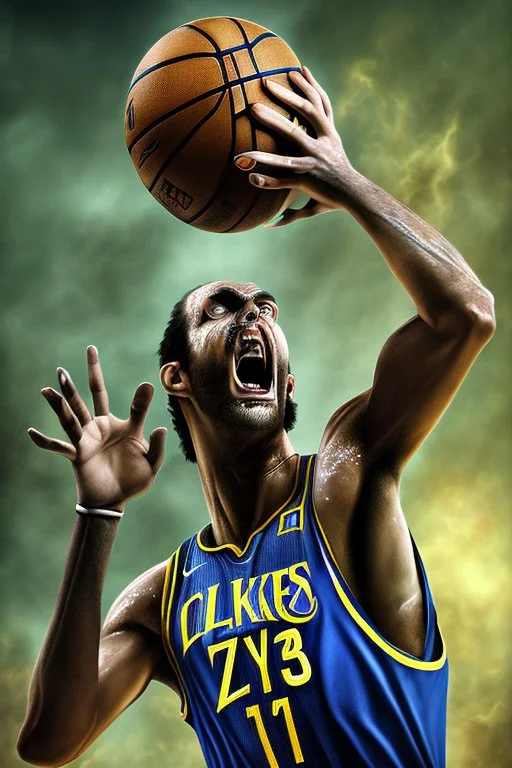 13k, highly realistic and detailed image of a zombie as a NBA basketball player in action dunking the ball in the net, sweaty hair, screaming look,action and explosive background