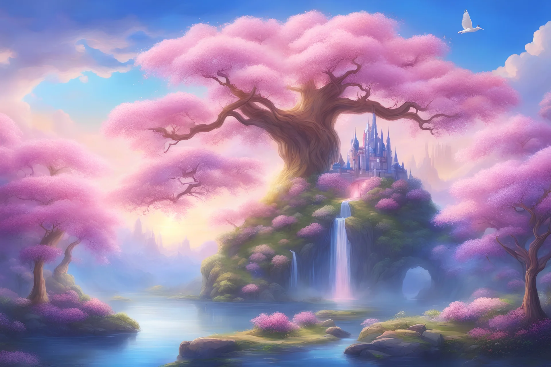 a pink tree in the style of A Silent Voice with futuristic crystal castle in the countryside, starship, green plants, flowers, wisteria, big trees blue sky, pink, blue, yellow soft lights, waterfall with beautiful fairies with long hair and transparent wings, swans swimming in the lake