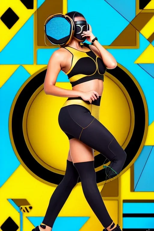 Realistic photograph. Geometric 3D tiling on the background, woman broken mask. Bronze color Yellow Black Cyan. AKG headphones, golden rings & disc. Selfie both hands. Lightly armored, electronic circuit. Cyber-punk full-mask. Thick tights. Thick calves. Curved fell. Wide hip. Flat belly. Ancient artifact cables between. Perfect body. Matrix movie clothes, Silver leather area, tippet, latex. Wicked sneakers. Daft Punk helmet, Tron Movie. Egyptian Haute Couture. 1990's. Light comes from right