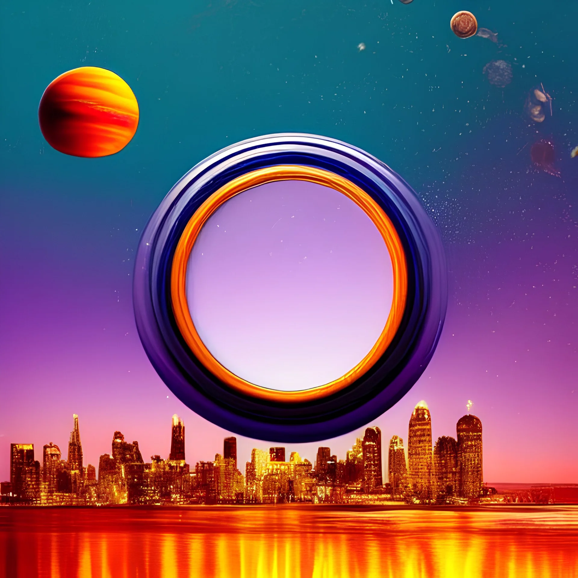 circular picture frame, scene of galaxy and waves, bottom half underwater, top half out of water, showing the sky and city skyline with a large bridge, planets, the great unknown, bridge, friendship and cooperation, light blue tones with purple and orange