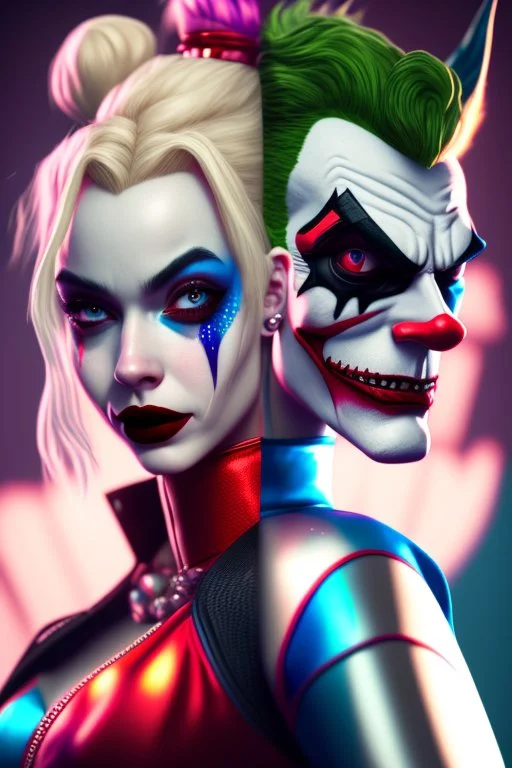 Harley Quinn and joker, high delicate defined details, beautiful, atmospheric, matte, 3 d 8 k octane rendered, sharp focus, illustration, high detail, ultra realistic, highly saturated colors