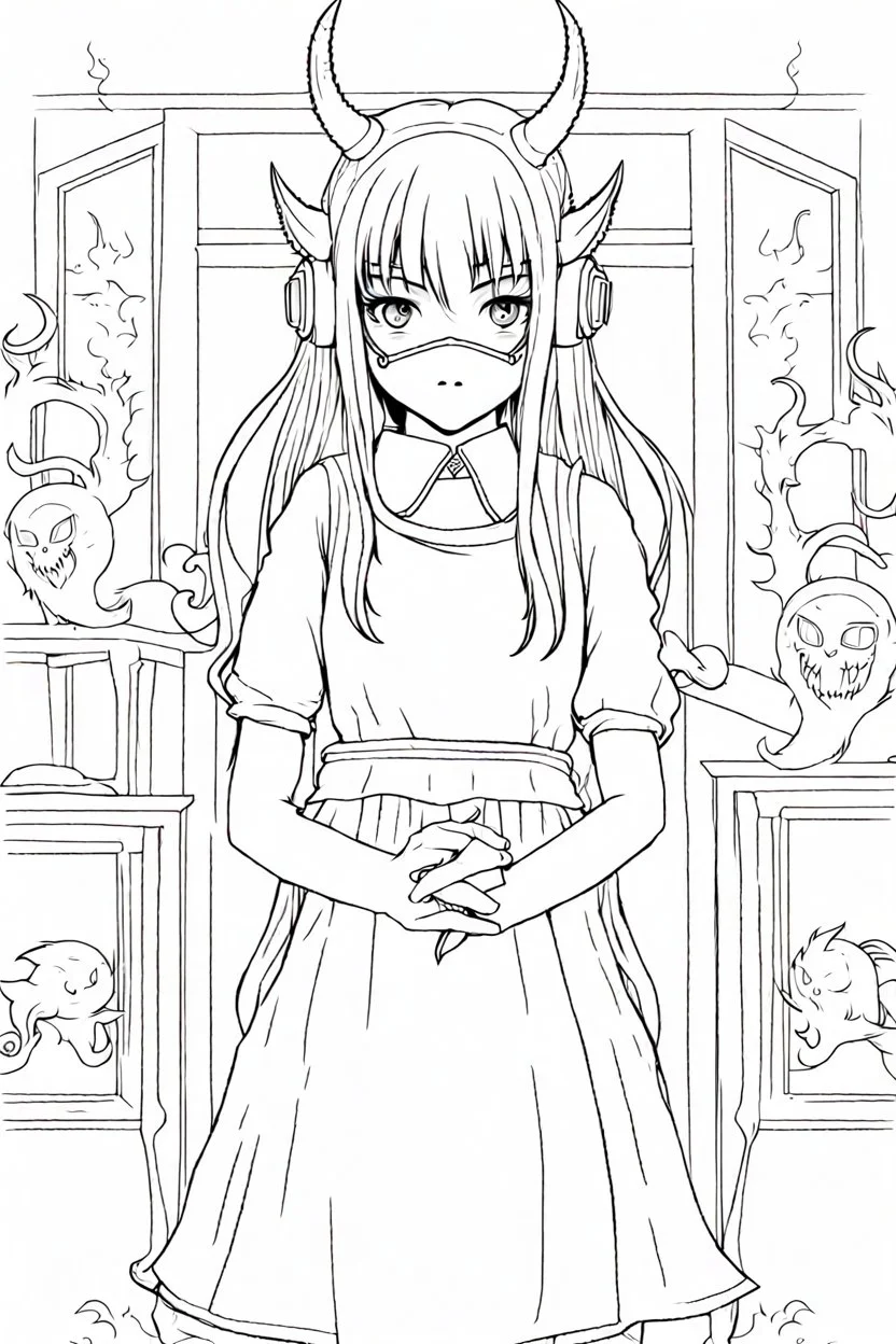 girl with demon mask in the middle of the room, line arts, manga style