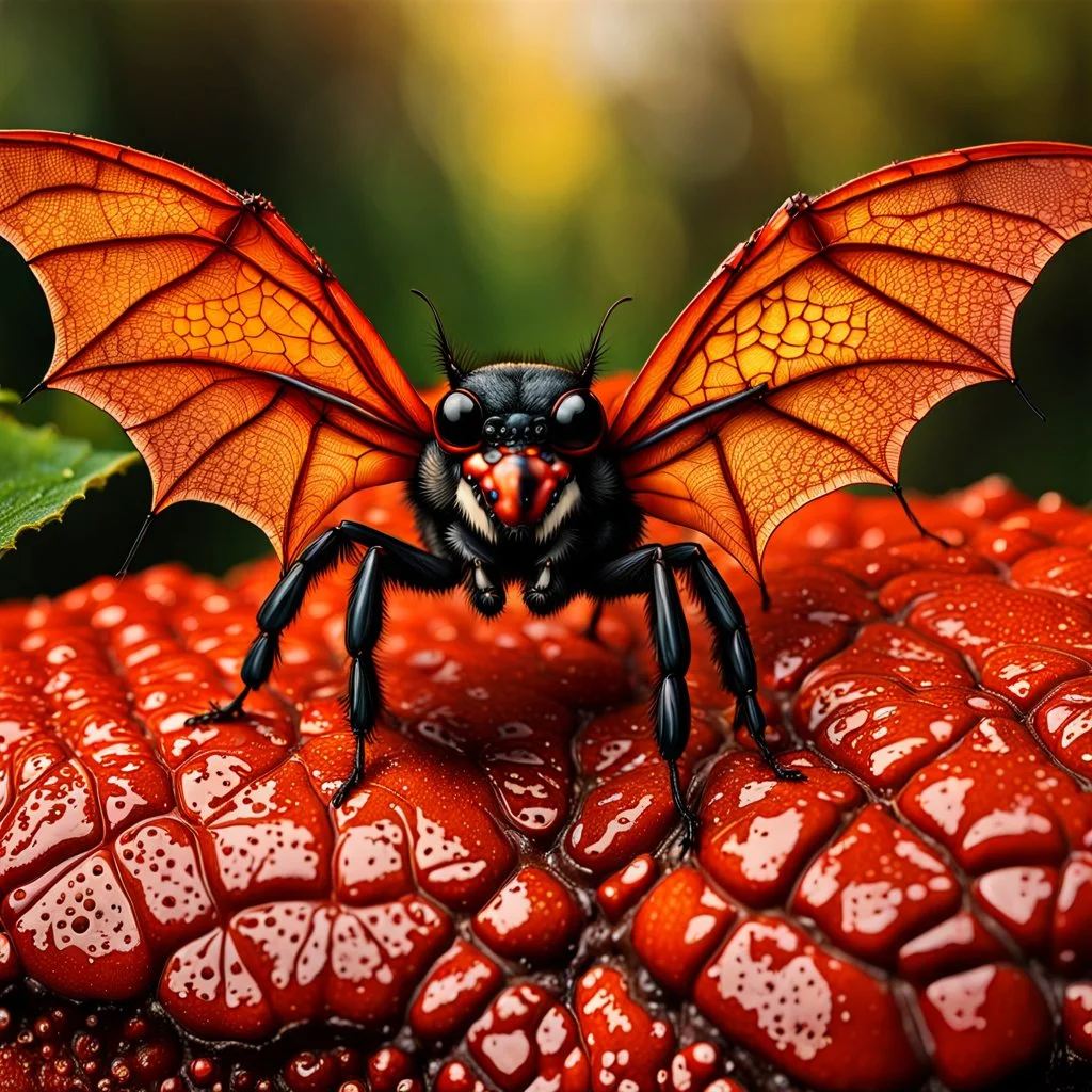 A national geographic award skin color patterned like a poisinous incect or reptile, horrorcore, science gone crazy, winning photograph of of a bat spider housefly hybrid in nature and on the hunt, 64k, reds, oranges, and yellows anatomically correct, 3d, organic surrealism, dystopian, photorealisitc, realtime, symmetrical, clean, 4 small compound eyes around two larger compound eyes, surrealism telephoto dynamic lighting 64 megapixels Unreal Engine volumetric lighting VRay