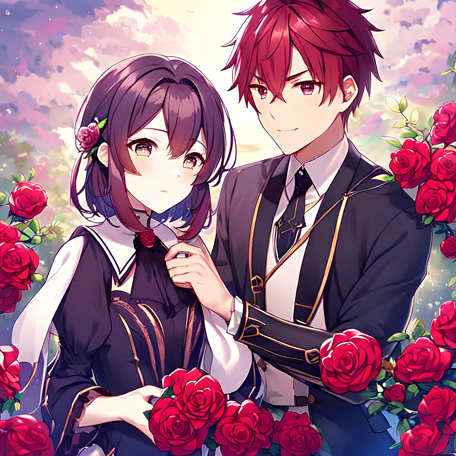 In anime, a maroon-haired male character with a rose flower is in sakura.