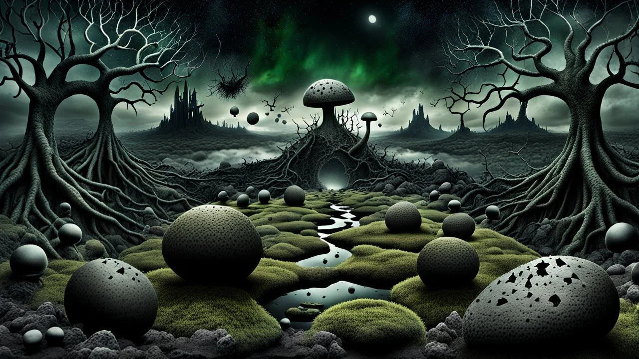 surreal dreamlike scene, nightmare on eart and in sky, midnight in the garden of death, some small black prickly balls on the earth and on sky, mystic gloomy, surreal dark shadows and pale light, stones, cracked eart, dark winter-like vibe, dark weird shapes floatings ,come strom , dark green moss, weird tall dark musroom, bats on sky, branch on eart,deep dark colors, dark twisting tendrils around big clock ,Clock Midnight, wind, fog, detailed, cinematic, Unity R