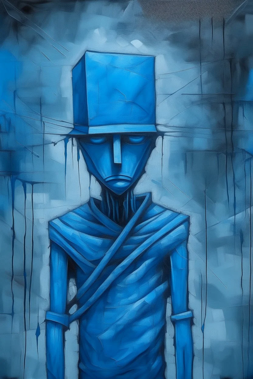 A strange and gloomy stick man with a blue plastic bag on his head. Surrealism, figurative painting with elements of the Bauhaus style. Intense textures.