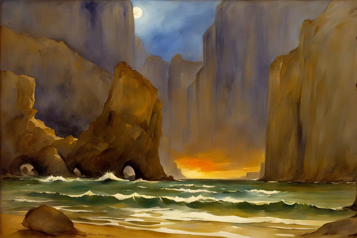 Night, rocks, cliffs, sci-fi, distant mountains, sea, waves, sand, seashore, epic, fantasy, john singer sargent watercolor paintings