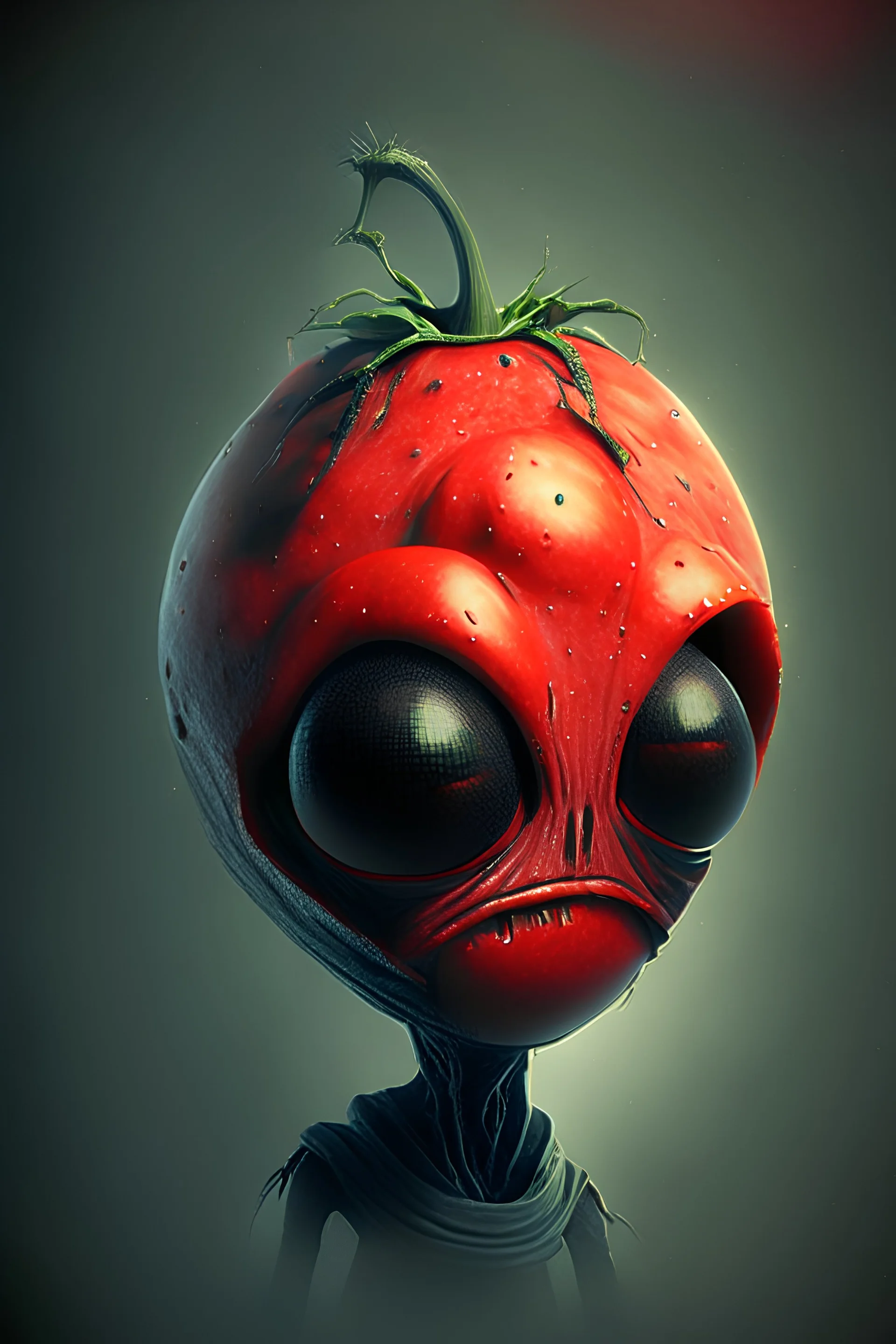 an alien with a tomato head, moody, dark