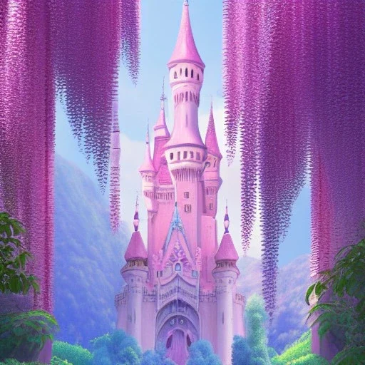 a pink castle, magical crystal pink castel, vertical light, pink and blue wisteria , pink vertical, blue lake,sharp, background vertical blue gradient vertical, elegant, highly detailed, artstation, concept art, smooth, sharp focus, illustration, 8k, splash art, wallpaper, key visual