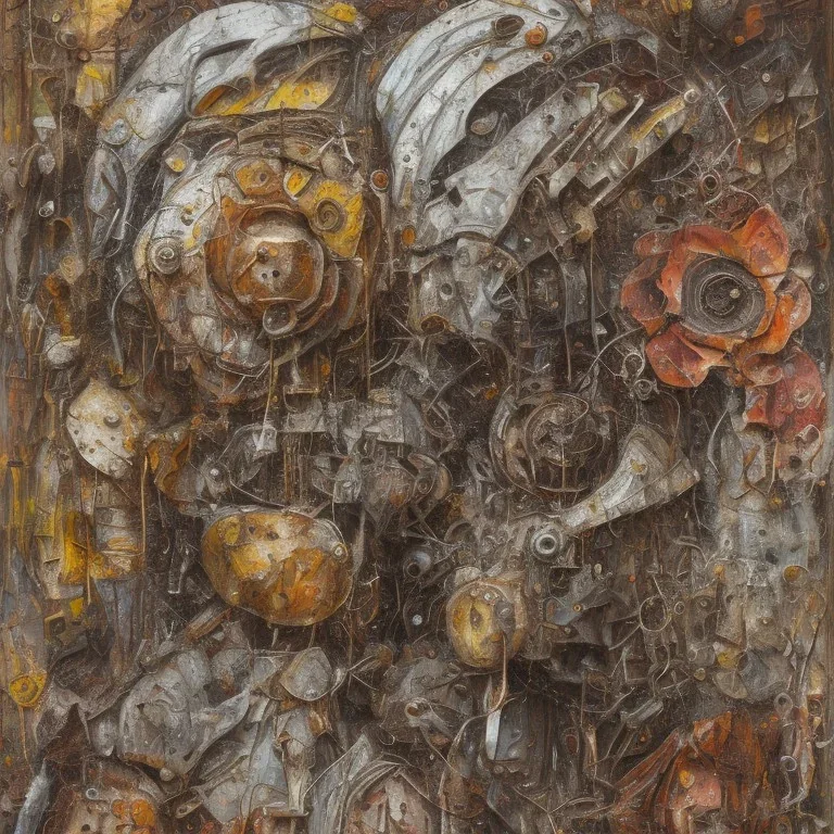 an abstract painting of rusted metal and flowers, by anselm kiefer and lucian freud, rust, scaffolding, iron cladding, decay, mixed media, textured, anatomically correct, lion, sharp focus, highly detailed