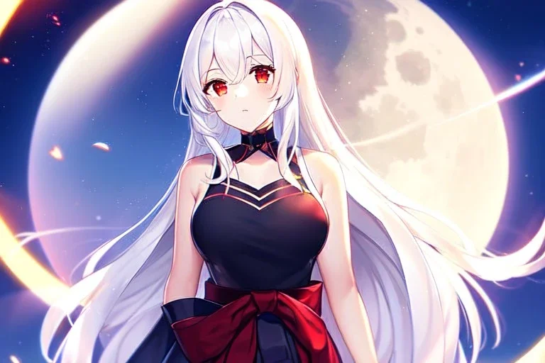 girl, masterpiece, best quality, volumetric lighting, detailed outfit, perfect eyes, long hair, white hair, red eyes, lens flare abuse, hakama, full moon,