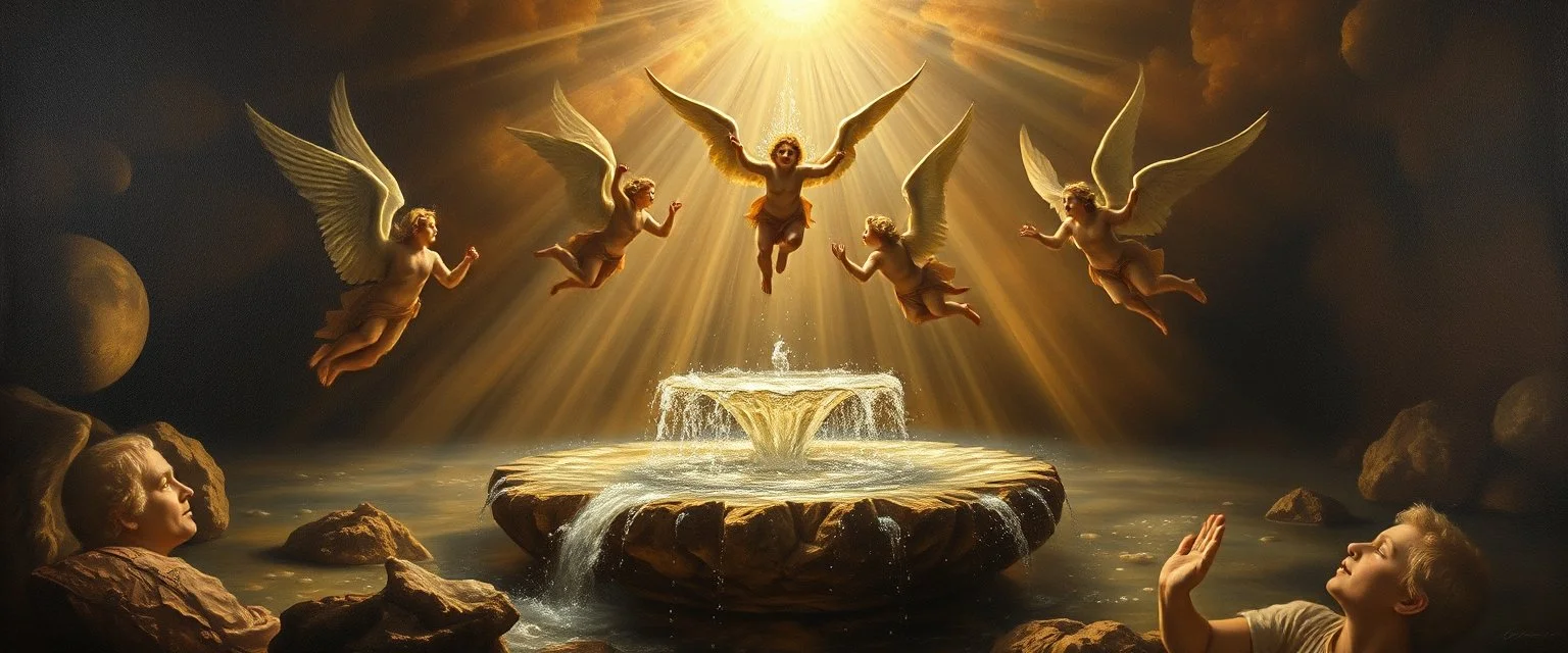 master oil painting by Rembrandt,fountain of air water angels singing, display of god rays over blessed earth