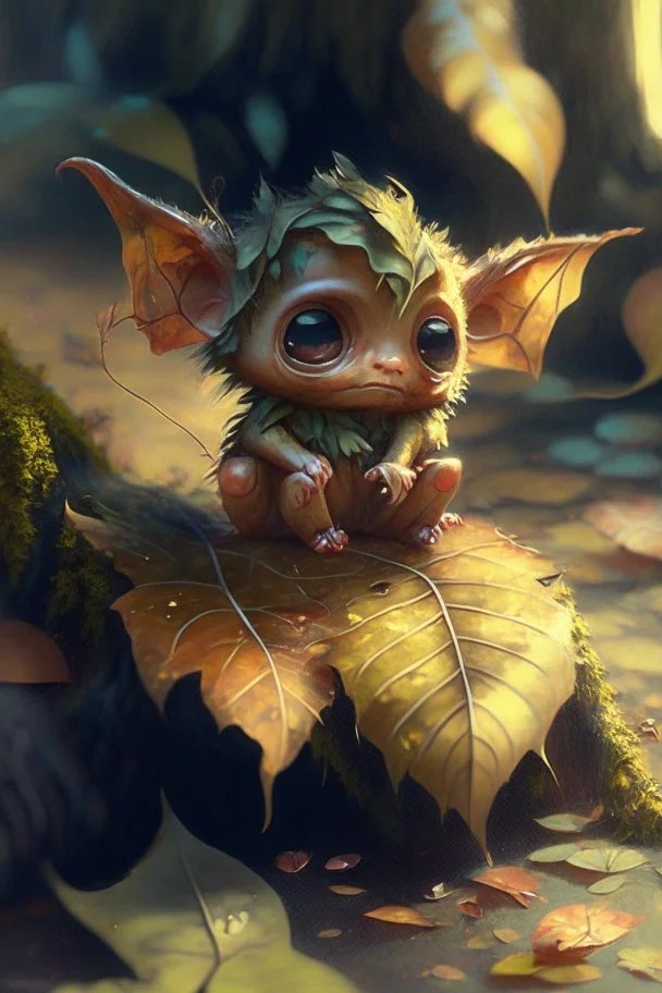 cute tiny forest demon sitting on a fallen leaf, intricately detailed, photorealistic, oil on canvas, trending on art station, high definition, hdr, cute, beautiful in sunshine