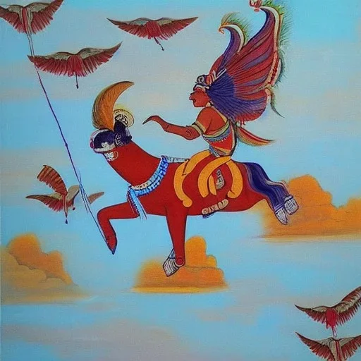 flying cow gods with wings indian painting