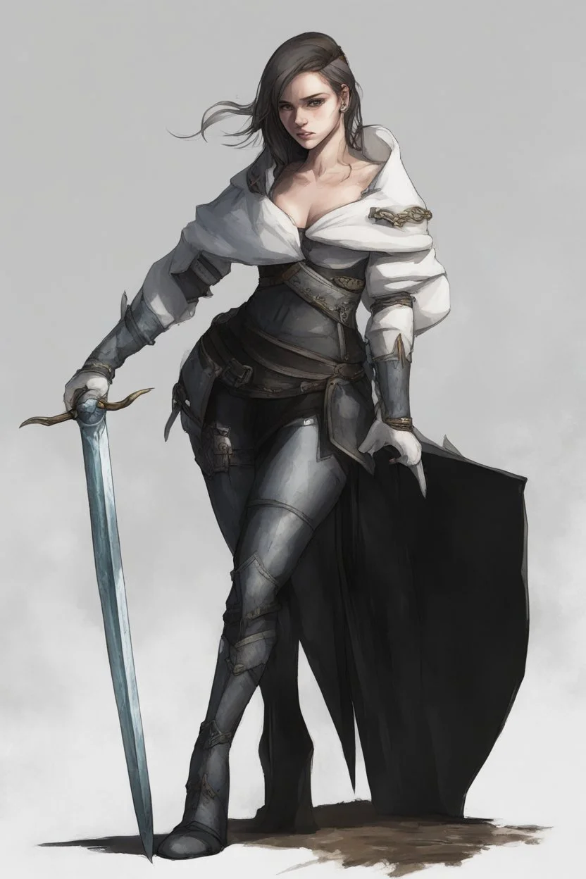 A female cleric dressed for the cold with a sword.