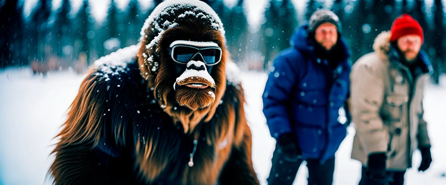 close up documentary photography, Yeti, Bigfoot, Dystopian, Japanese, Extreme depth of field, bokeh blur, winter, blizzard, Alberta, all-natural, in the style of candid, imperfection, natural lighting, Professional shot, shot on Agfa, Fuji Film, Anamorphic lens, November, 1970s, --ar 4:5 --w 150 --style raw