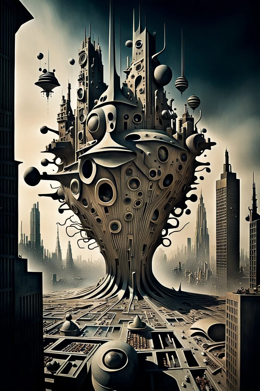 a stunningly weird image of a futuristic metropolis using Salvador Dali's paranoiac-critical method, where buildings and structures appear to melt into the skyline cityscape is filled with floating mad, twisted sharp metal shapes that interact with the buildings and each other, forming a surreal tableau of a dreamlike reality. neu-steampunk vibe, essence of the scene in a cinematic manner, with dramatic shadows that enhance the distorted perspectives and bizarre