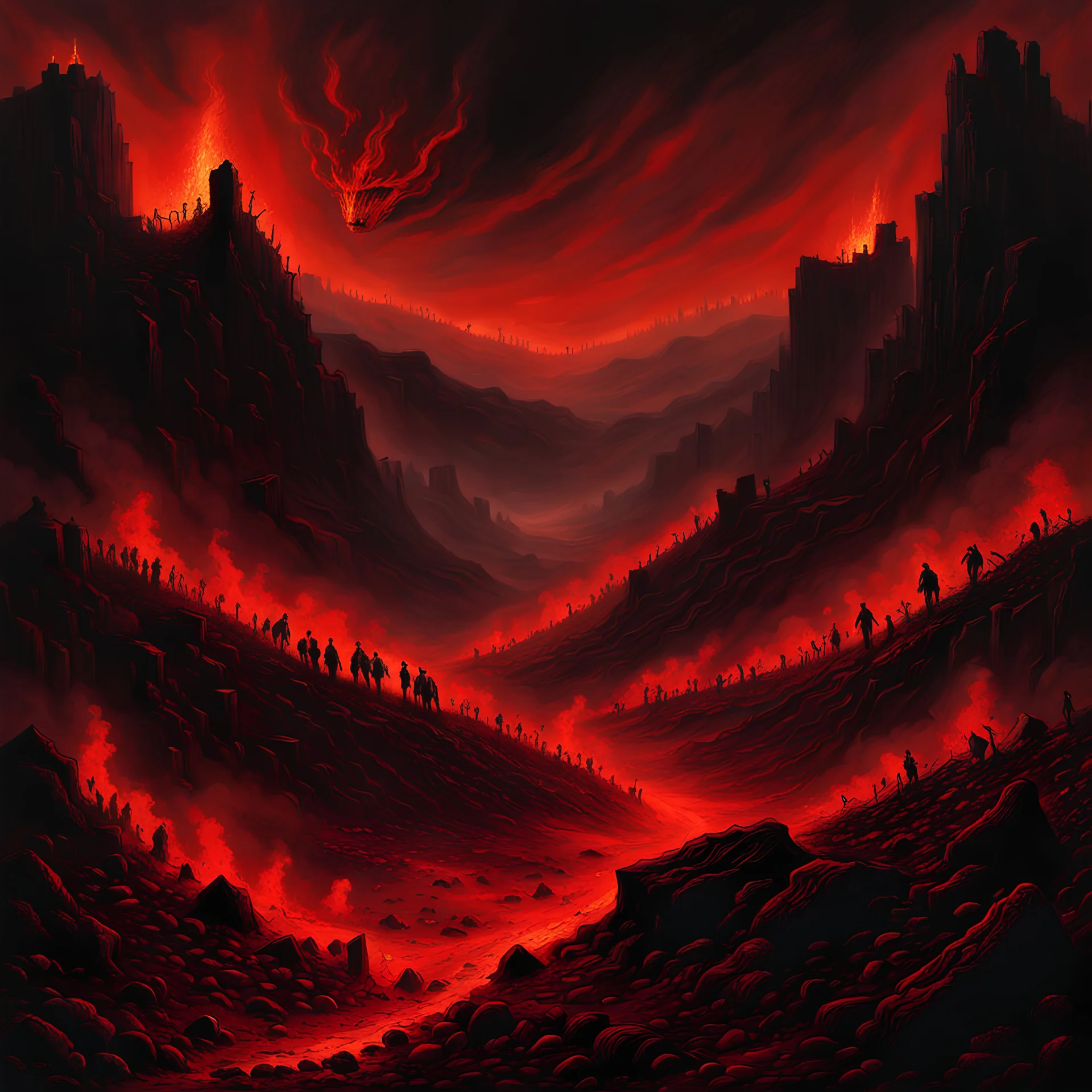 souls partially buried in the rocky ground crawling to get free, in the style of Beksinski, red and black, extremely detailed, dark, extreme horror, glowing embers