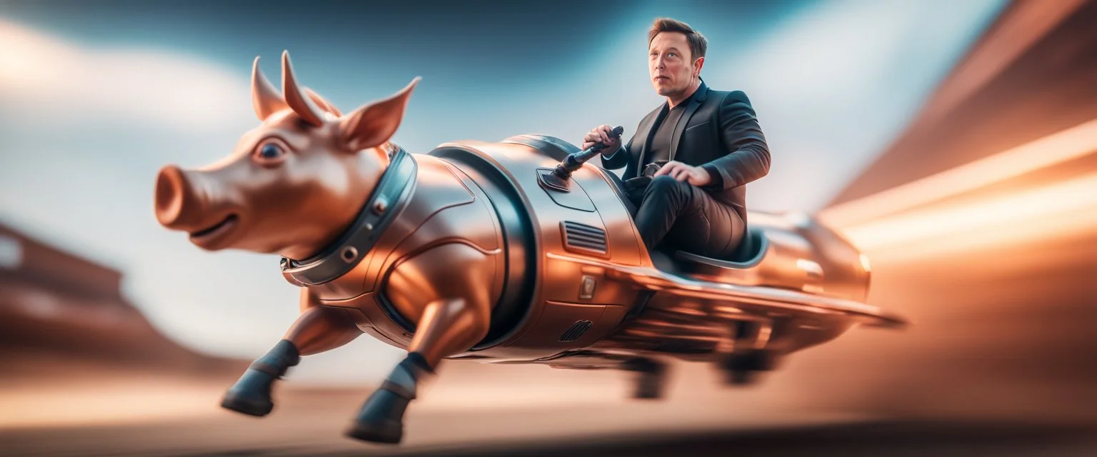 motion blur, airbrush art, elon musk riding an awesome spaceship in copper, fast one in the shape of a horsepig is half horse half pig, now its gonna do an awesome gig , bokeh like f/0.8, tilt-shift lens 8k, high detail, smooth render, down-light, unreal engine, prize winning