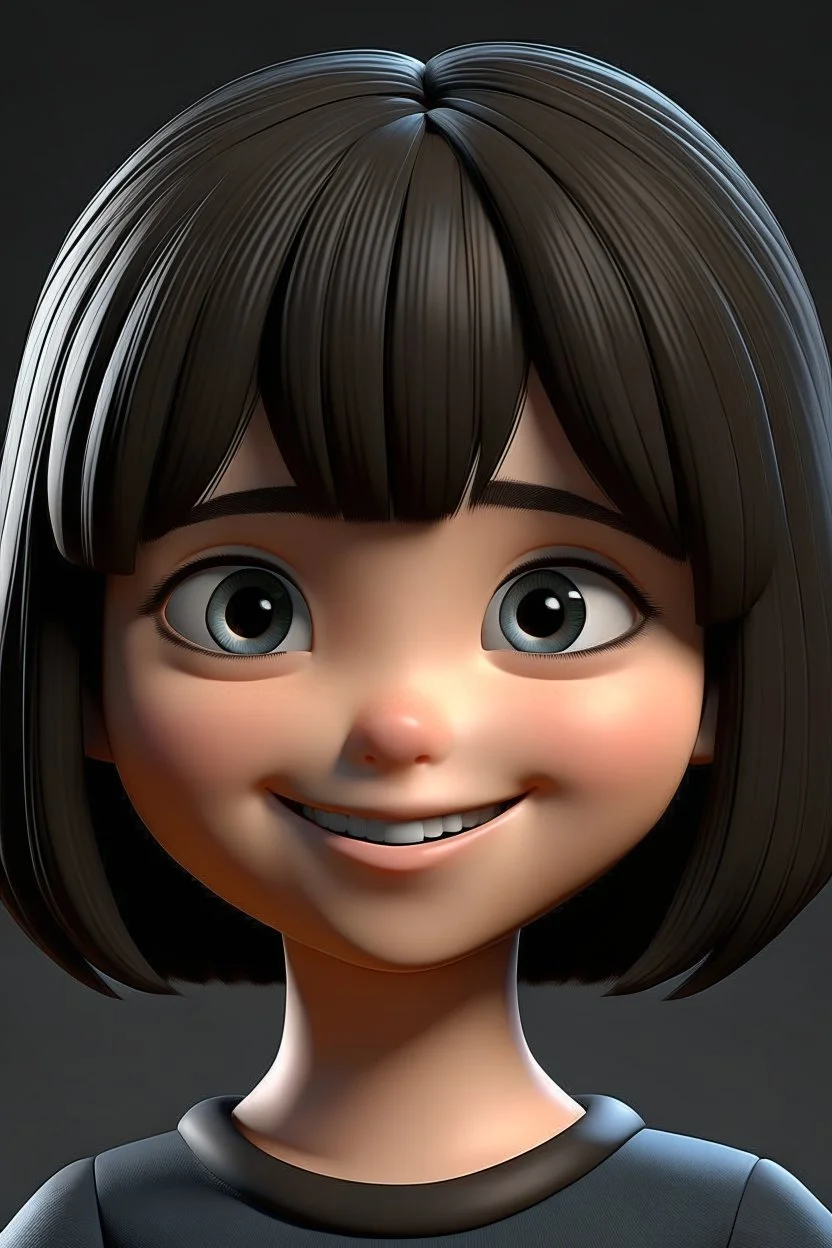 3D Cute girl perfect cute eyes ,smiley with bob hair ,medium black with bangs