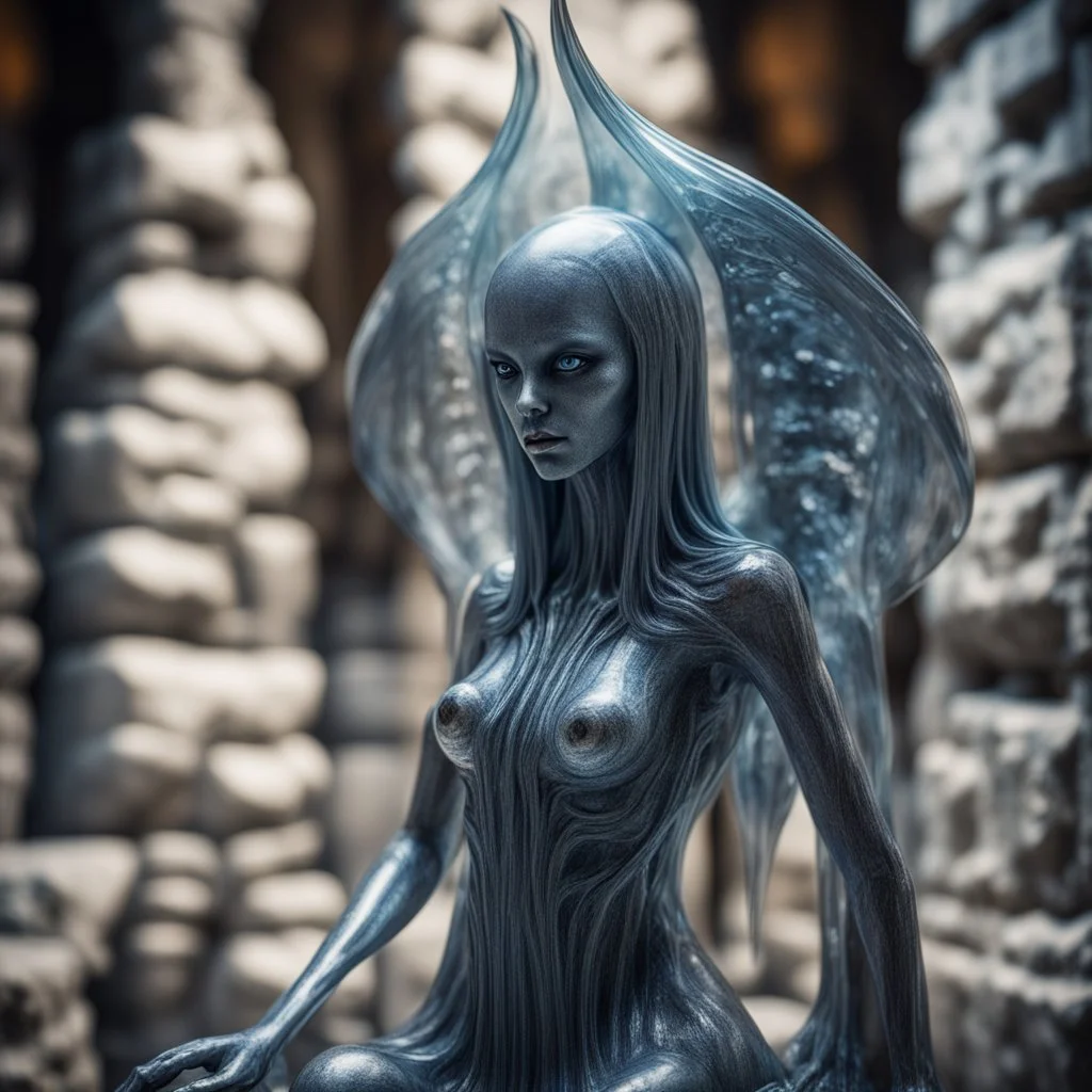 giger escher illithid angel witch sculpture in transparent murano glass in front of stone wall,bokeh like f/0.8, tilt-shift lens 8k, high detail, smooth render, down-light, unreal engine,bokeh like f/0.8, tilt-shift lens 8k, high detail, smooth render, down-light, unreal engine