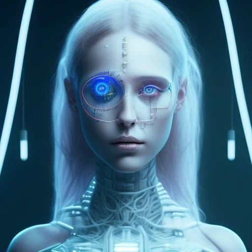 singer Danish MØ face, lumen lighting, led lights, <hanging wires> many wires connected to the head<perfect pupil> <cyborg> <garage> <sci-fi futuristic>