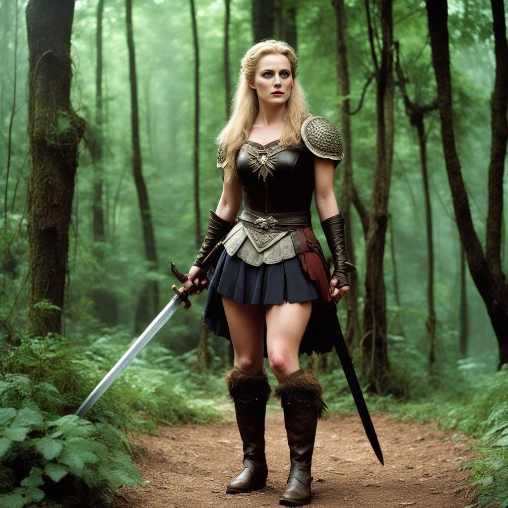 [high res photo by Monty Python] Helena from Shakespeare's A Midsummer Night's Dream. Slender and pale, her blonde hair framing a face that conveys vulnerability in both posture and expression. She stands in leather boots, her weapon in hand, Clad in modest attire, her eyes wide with longing, she steps into the role of a gladiatrix in the forest clearing, her arena for the day. The air is filled with a sense of melancholy and determination as Helena prepares to face the challenges ahead, her ga