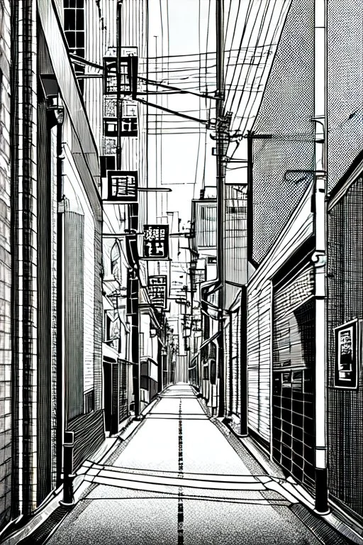 Tokyo alley, line arts, greyscale