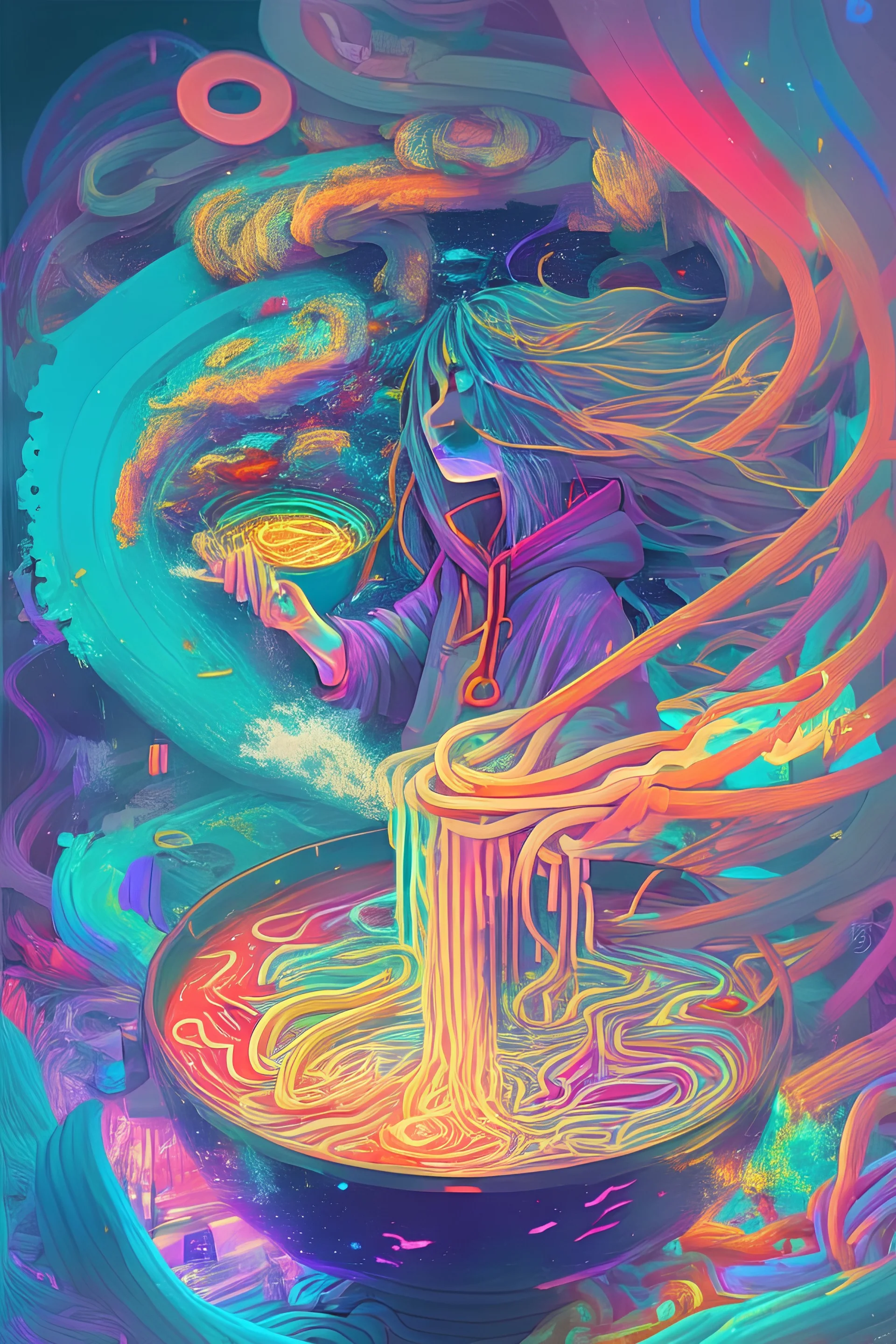 magic noodle soup that is a portal to another dimension with lots of colours and girl effects, by addie digi