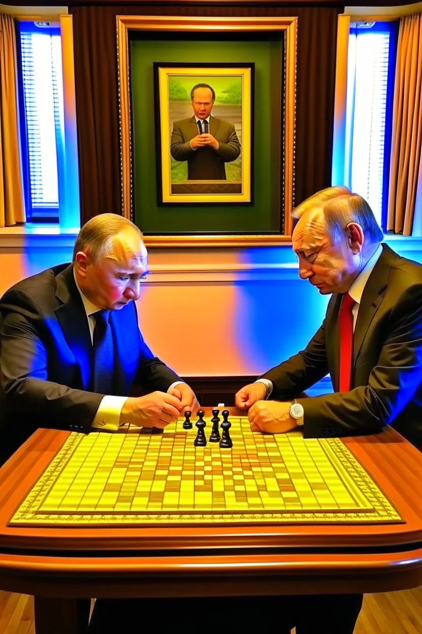 Vladimir Poutine playing chess with Zelinynski. A map of ukraine is burning on