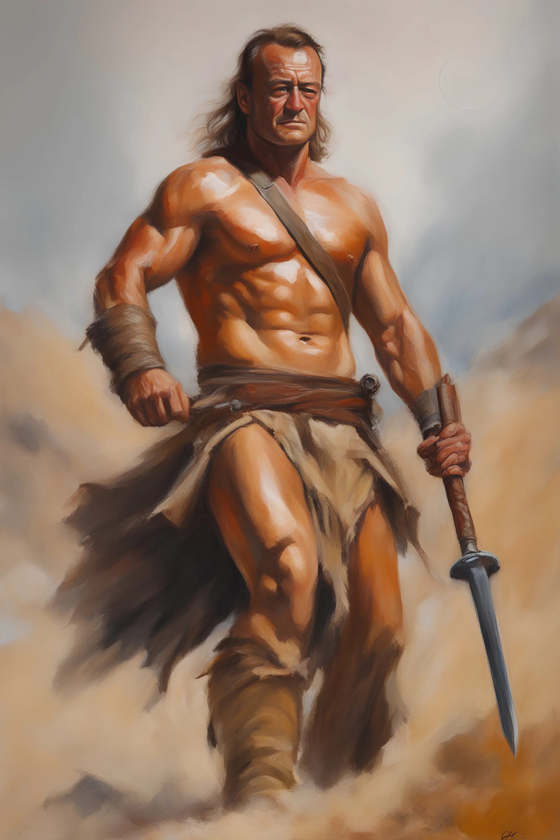 full color facial Portrait of action hero John Wayne the Barbarian - oil painting by Scott Kendall