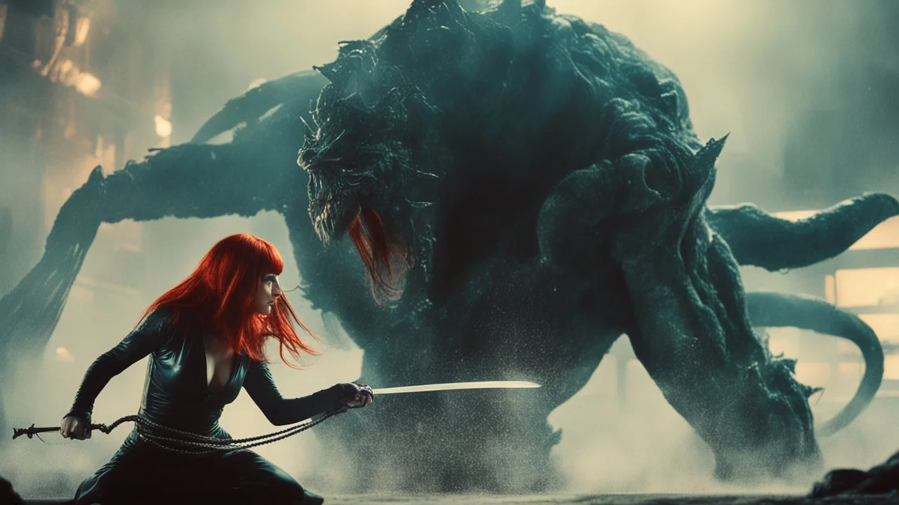 Full-body retro photo of a woman with straight red hair and a Fringe, in a fight with a monster, wrapped in tenacles, in an action pose, sci-fi Background