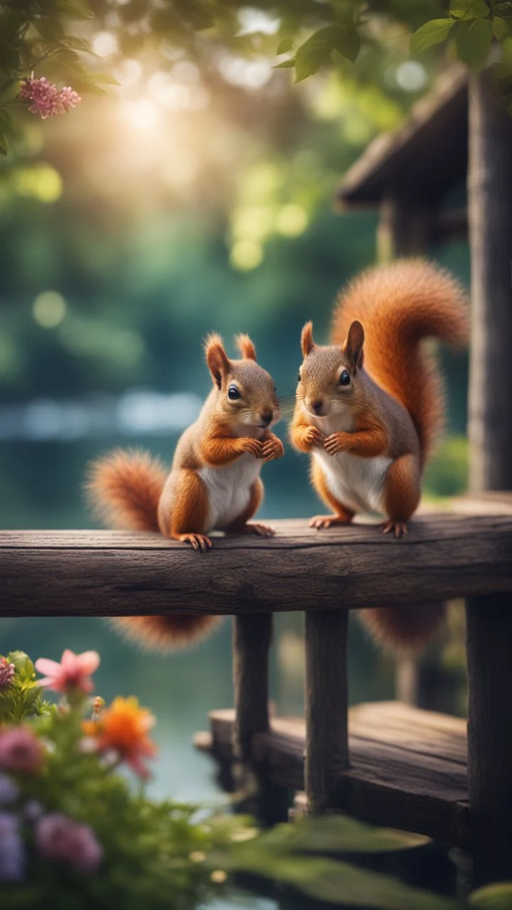 magazine cover with black border, adjust hue for evening, close up portrait of squirrel by lake fishing from dark wooden bridge couple with weird cute huge eyes from a tree house in wonderful enchanted magical forest with amazing variety of plants and flowers,bokeh like f/0.8, tilt-shift lens 8k, high detail, smooth render, down-light, unreal engine, prize winning