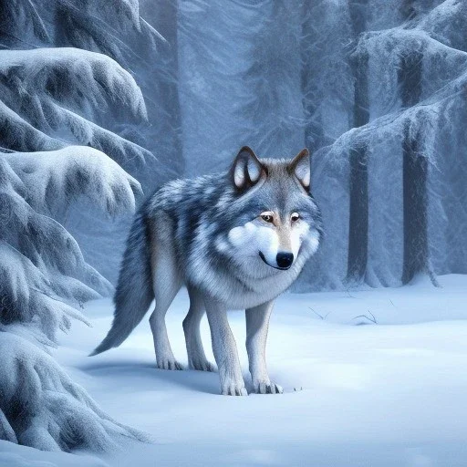 Wolf, ice, blue, forest, snow, beautiful, masterpiece, expert, 8K, hyperrealism, sharp focus, cinematic lighting