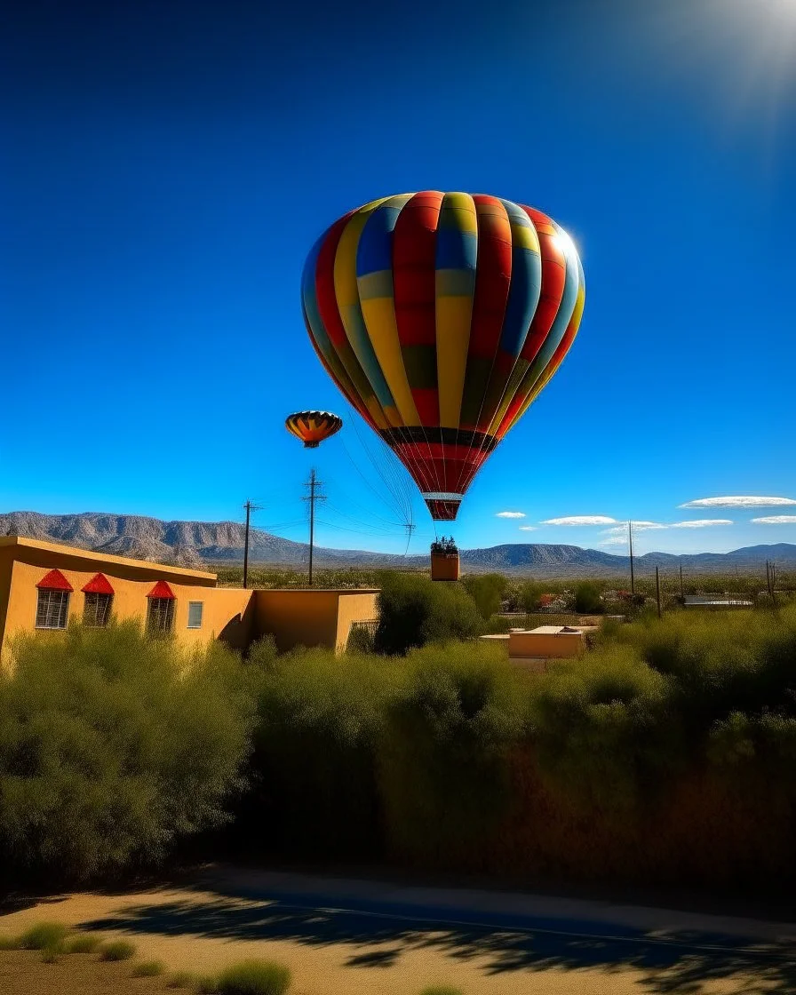 A photorealistic picture of a hot air balloon flying over Albuquerque new mexico