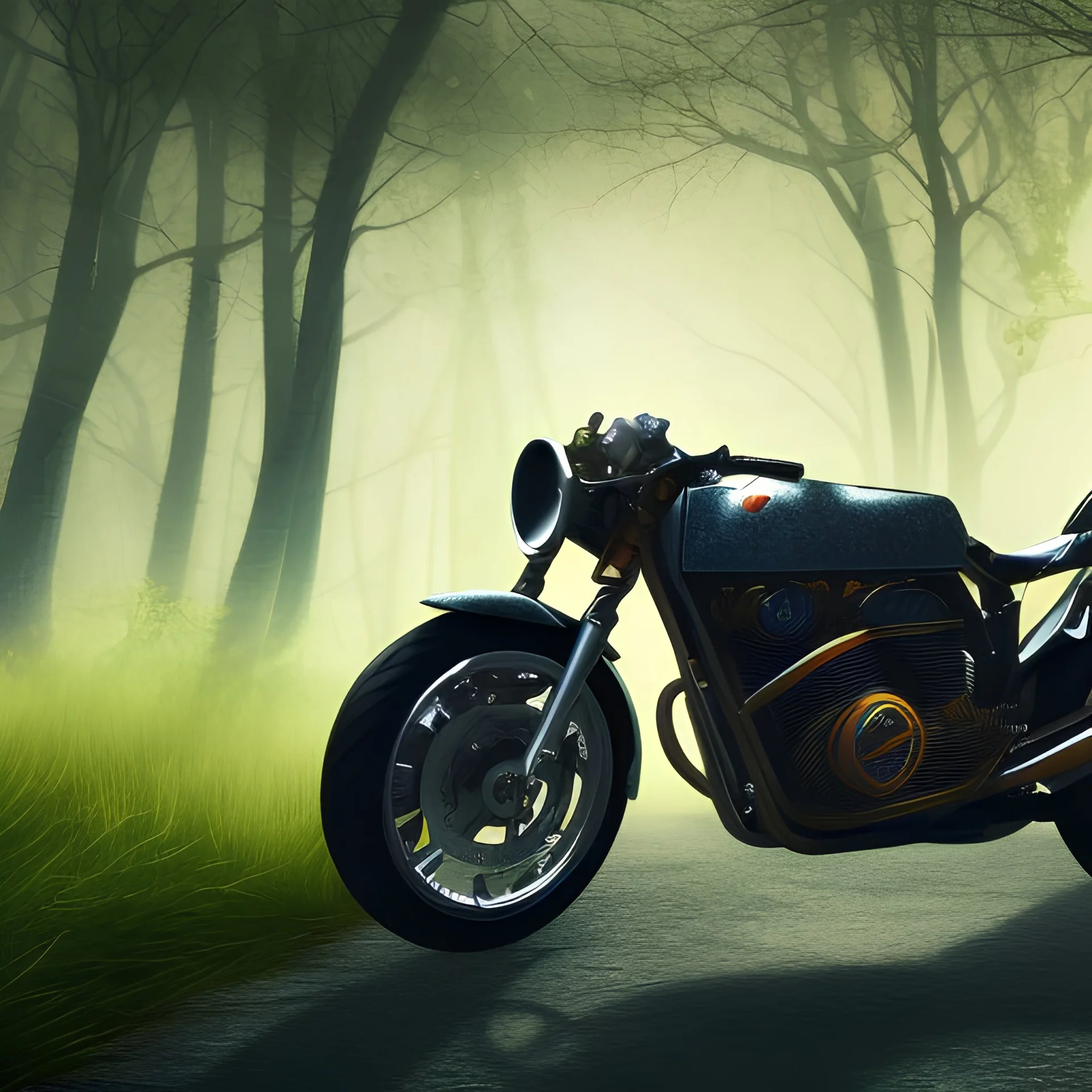 Beautiful, cool, attractive motorcycle in the magic and fantasy forest, 4K, 8K