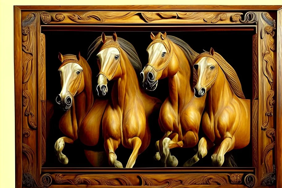 Tres Caballos Palomino cuerpo completo obra de arte hiperredetallado arte renacentista pintura al oleo 8k marco del cuadro tallado en madera