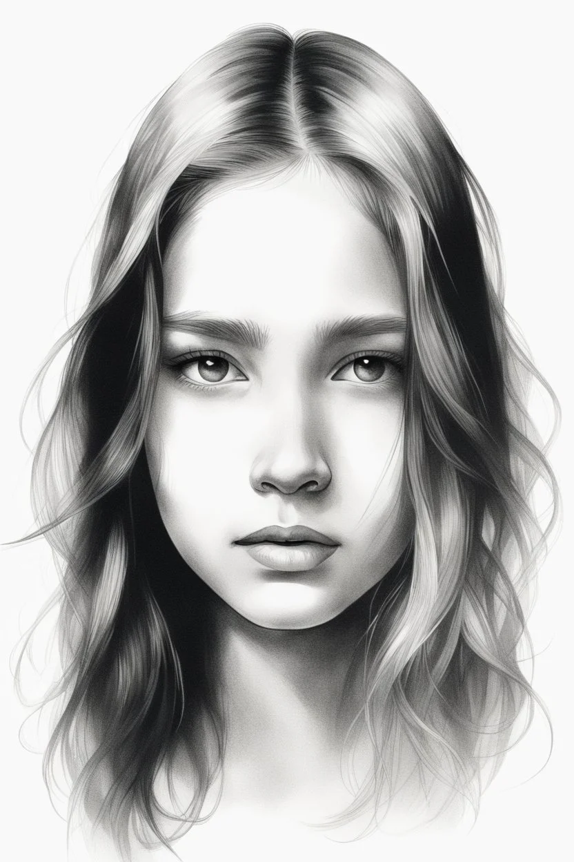 A realistic drawing in negative space black ink on white background of a beautiful front view of a young girl with clear white face, all picture is bright white. With long hair